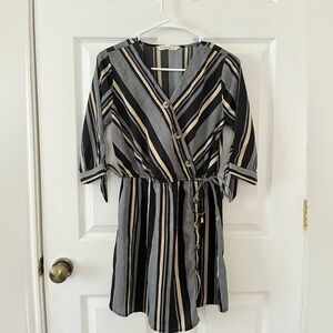 Indulge Black and Cream Striped Mid-Length Sleeve Dress